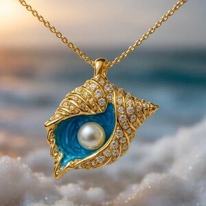 Gold and Blue Seashell Pendant Necklace